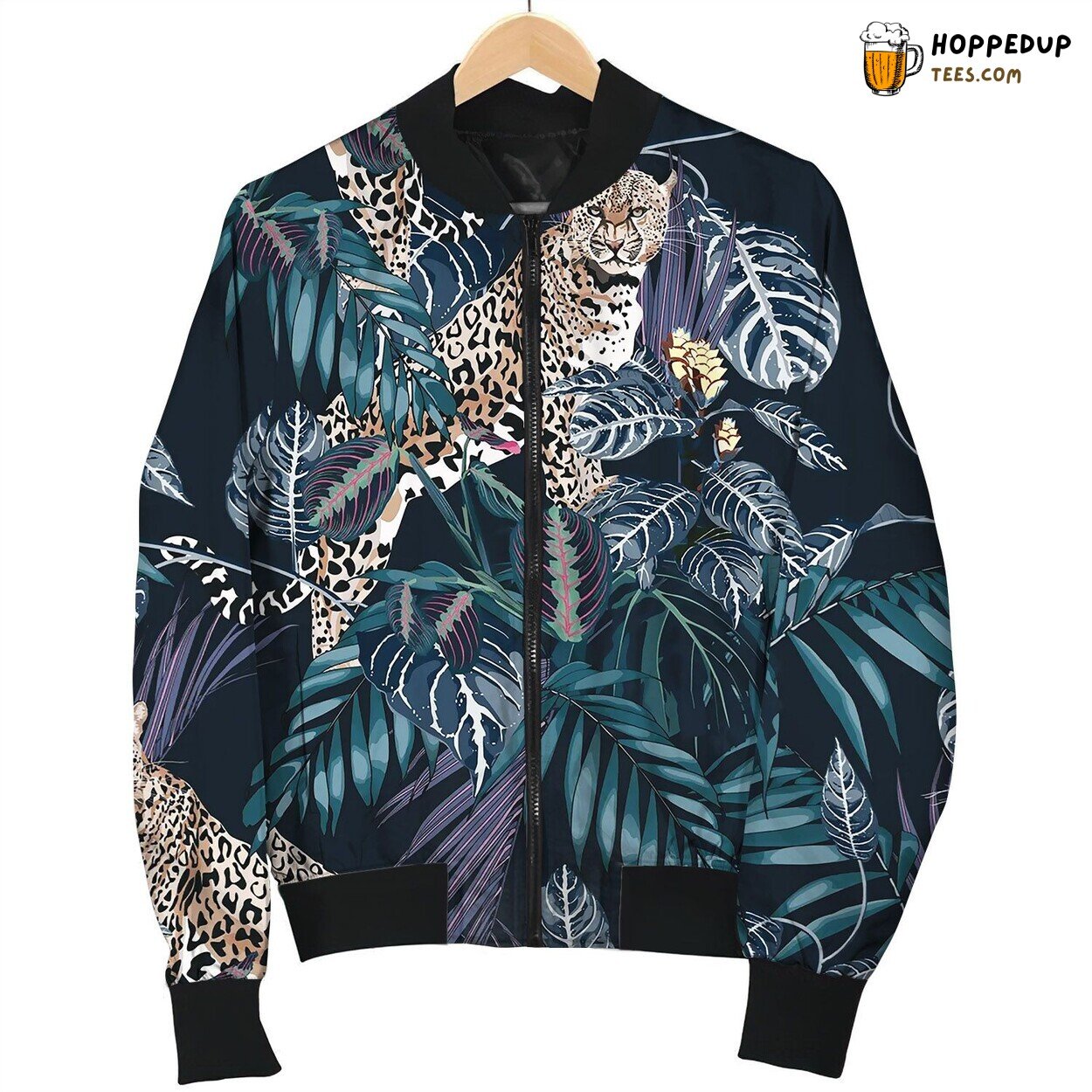 Colorful Floral Night Pattern With Tiger Leopard Bomber Jacket