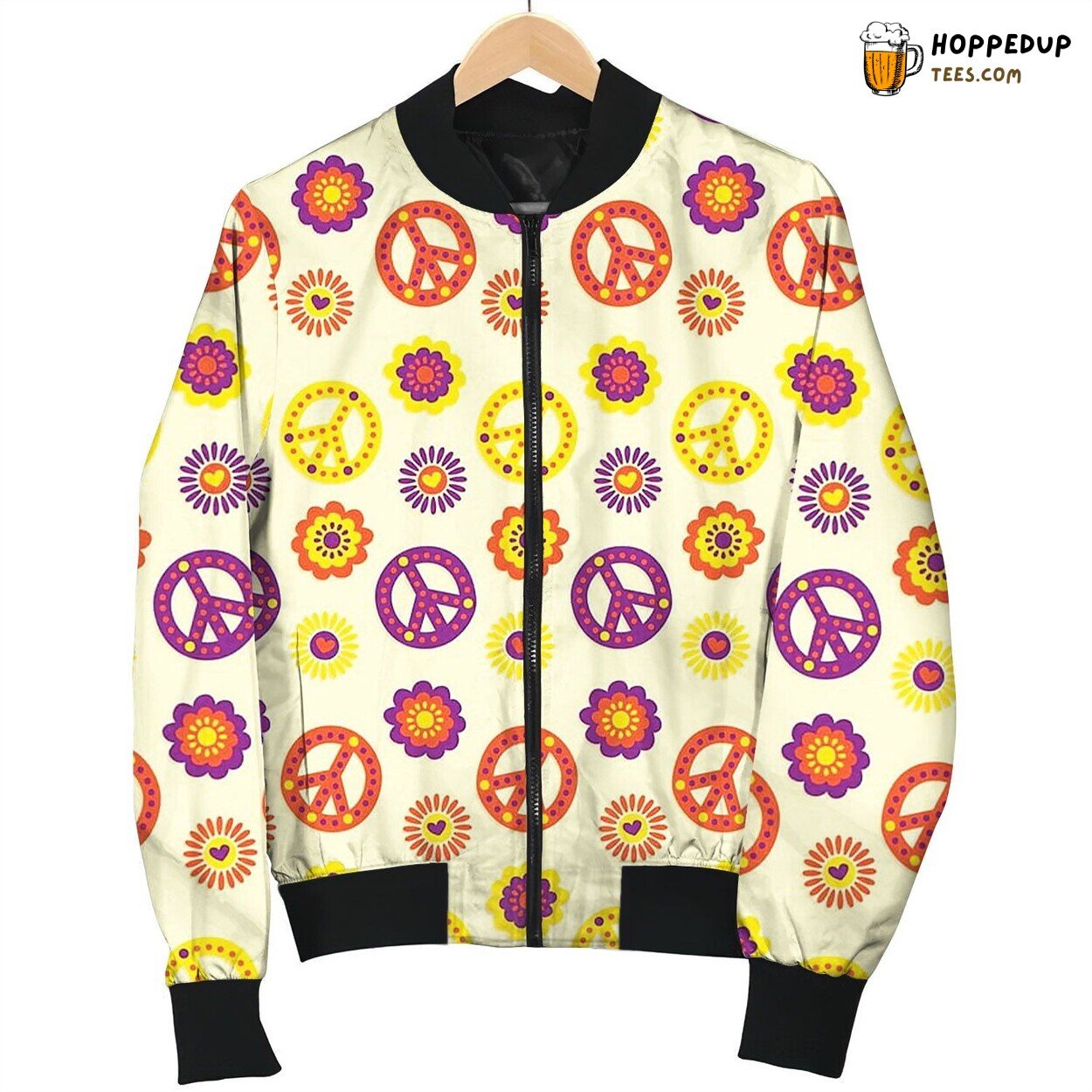 Colorful Floral Summery Seamless And Hippie Peace Flowers Symbol Bomber Jacket