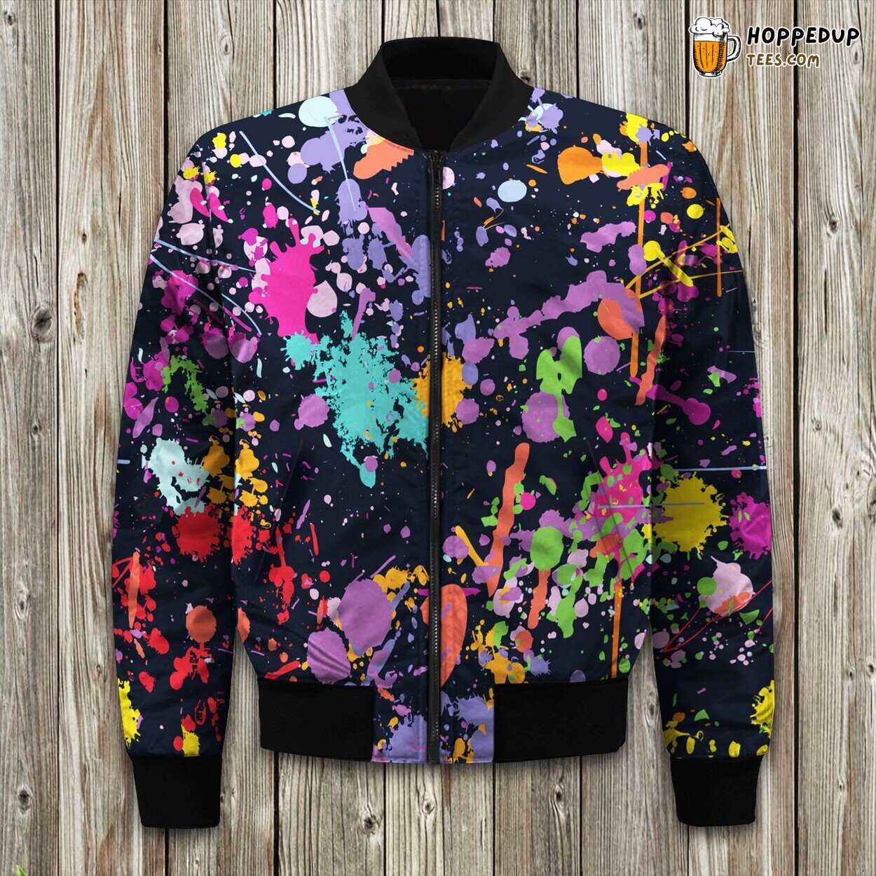 Colorful Paint Drip Abstract Art Black Bomber Jacket