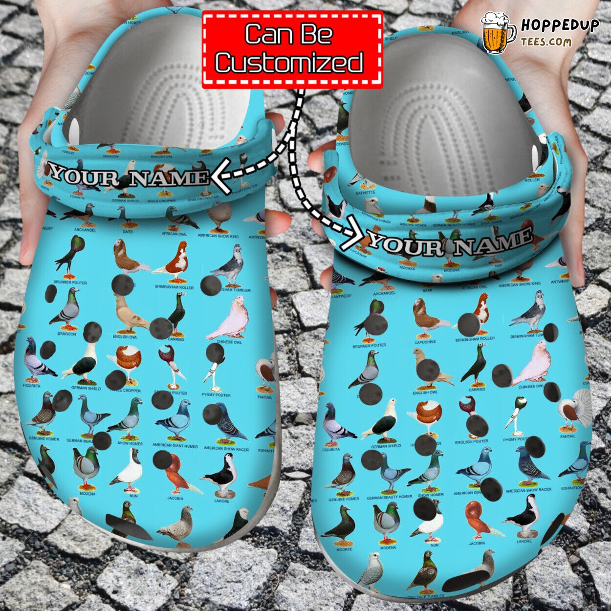 Colorful Pigeon Breed Pattern Themed Clog Shoes for Bird Lovers