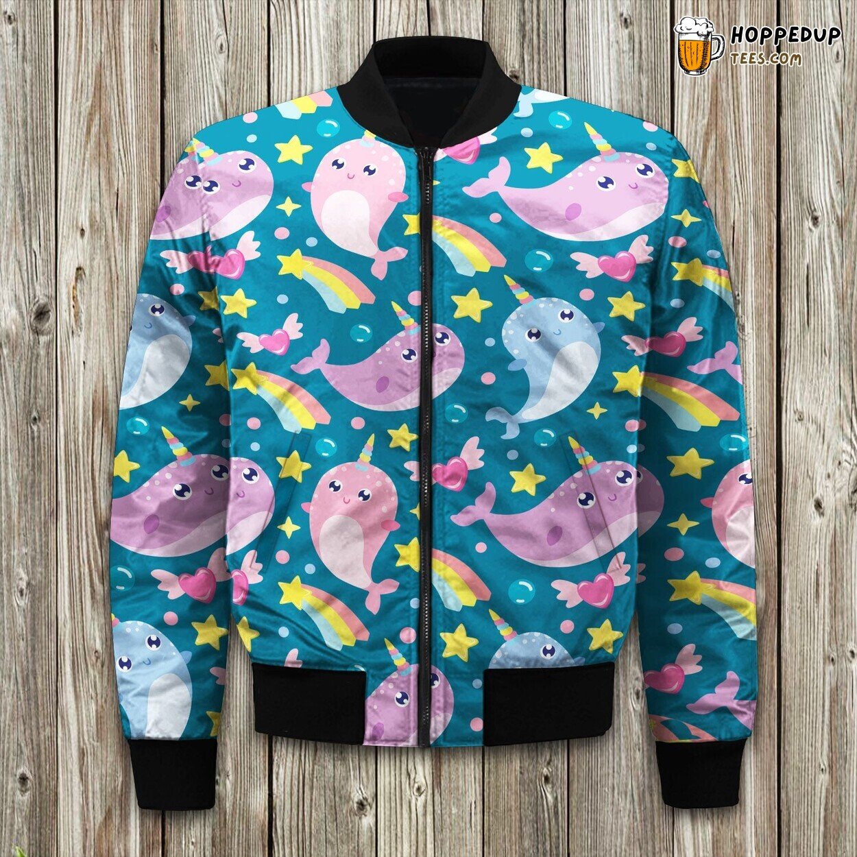 Colorful Rainbow Narwhal Design Winter Bomber Jacket Oceanic Fantasy Look