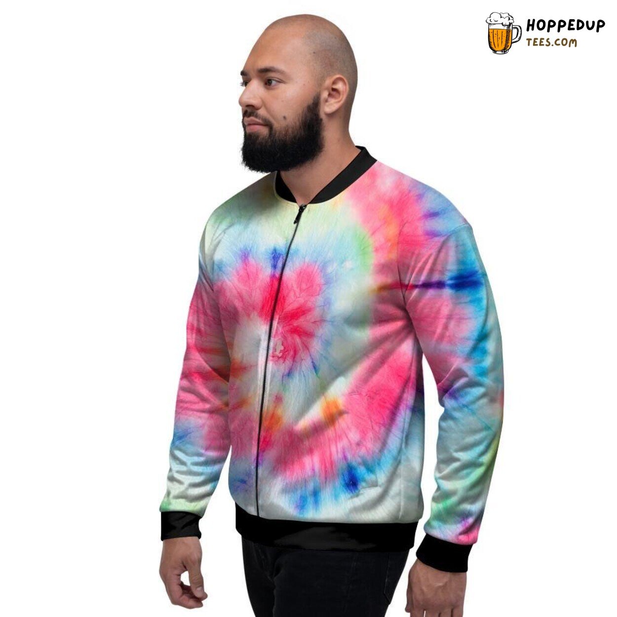 Colorful Swirling Rainbow Tie Dye Men’s Bomber Jacket Vibrant Design