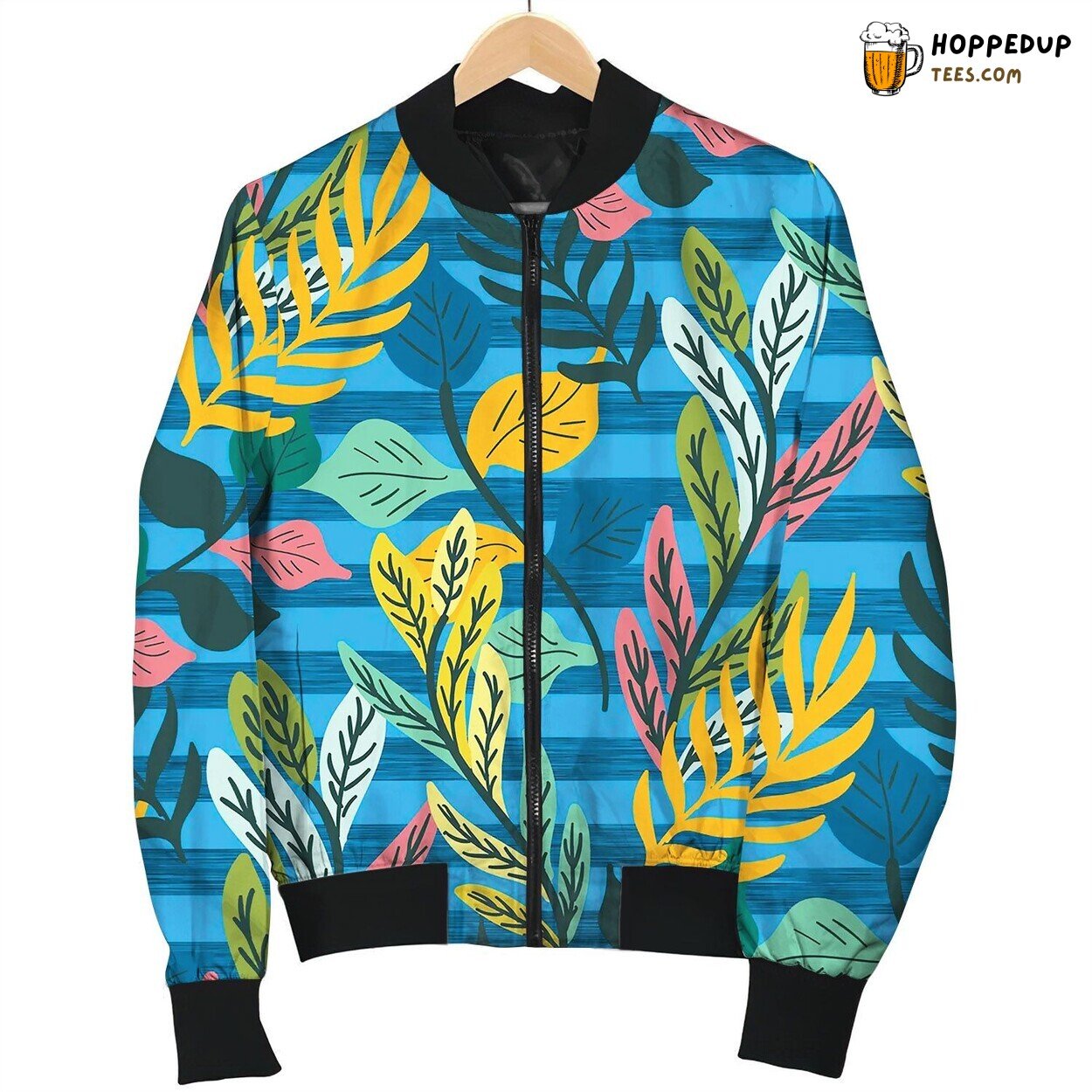 Colorful Tropical Leaf And Fern Seamless Pattern Bomber Jacket