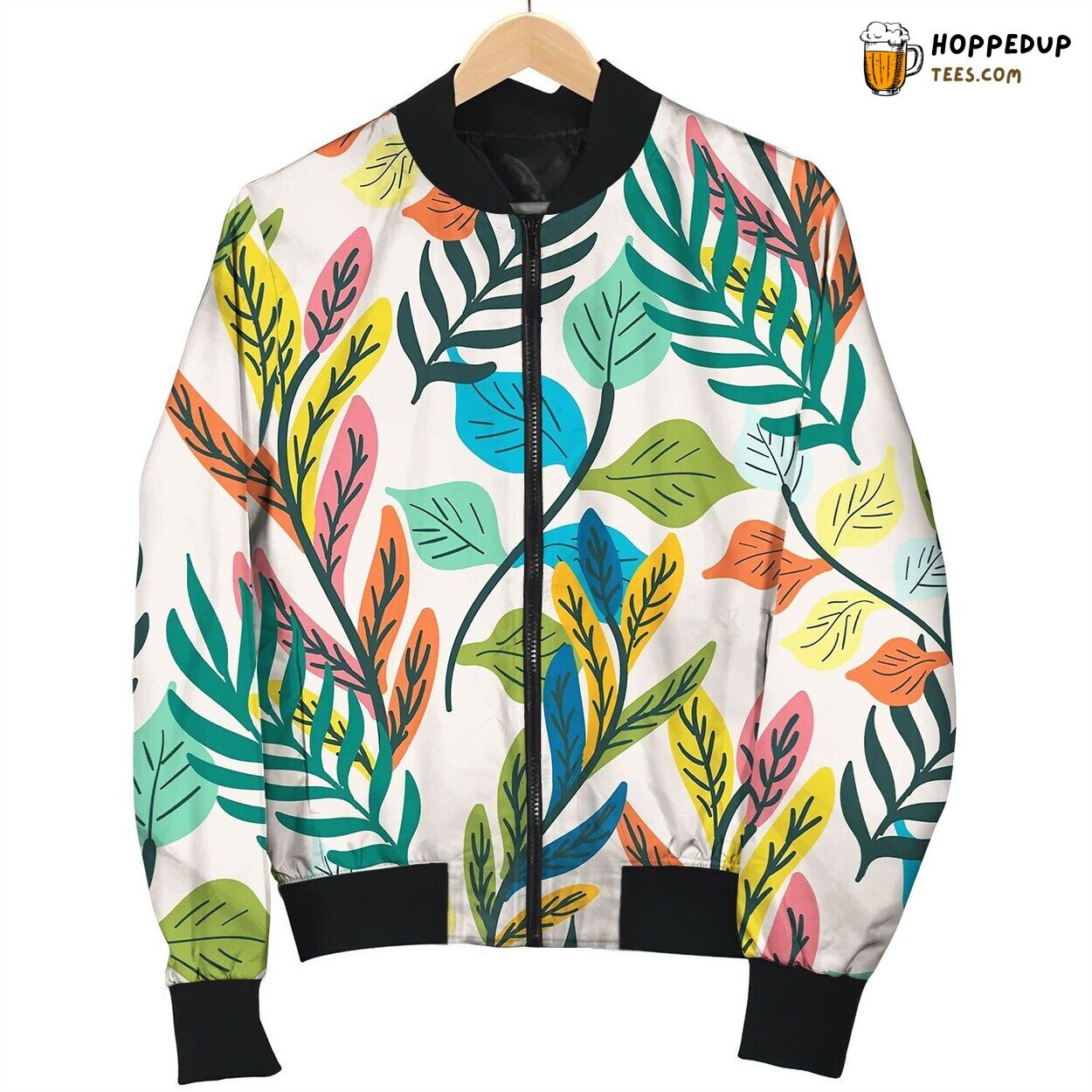 Colorful Tropical Leaf And Fern Seamless Pattern Happy Bomber Jacket