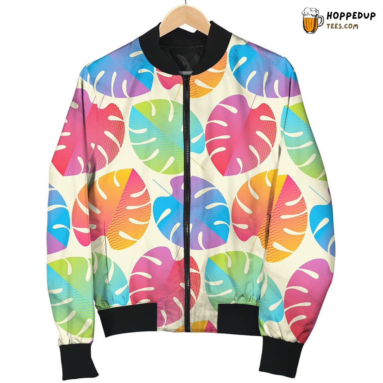Colorful Tropical Leaves Regular Seamless Pattern Bomber Jacket
