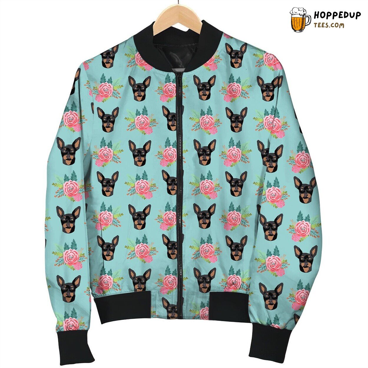 Cool Miniature Pinscher Face With Floral On Green Bomber Jacket