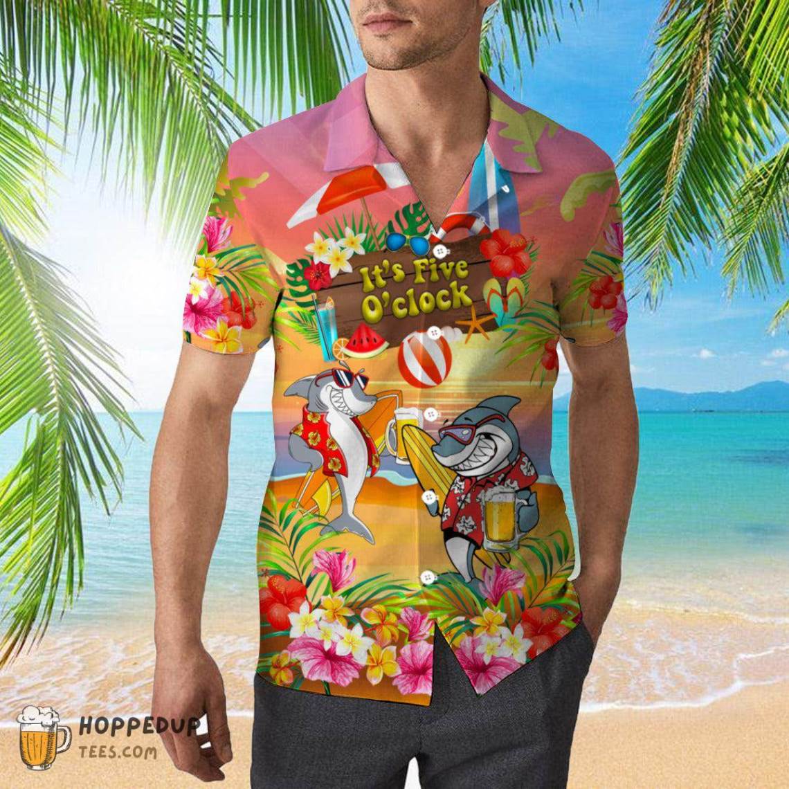 Cool Shark Drinking Beer Its Oclock Somewhere Hawaiian Shirt