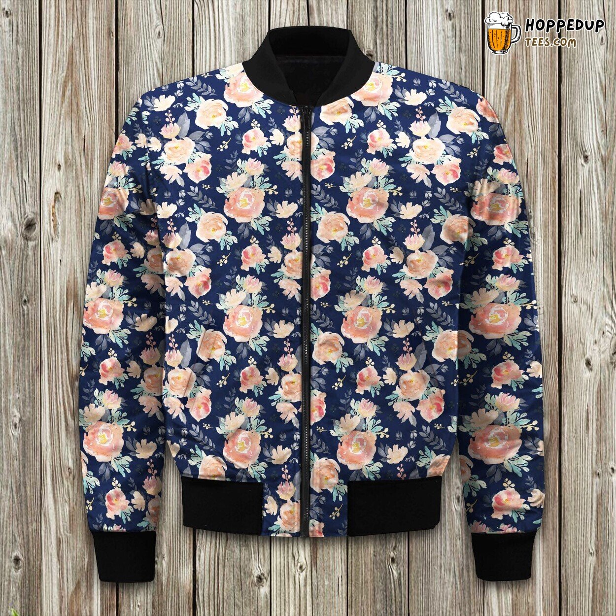 Coral Grey Mint Florals Navy Background Bomber Jacket
