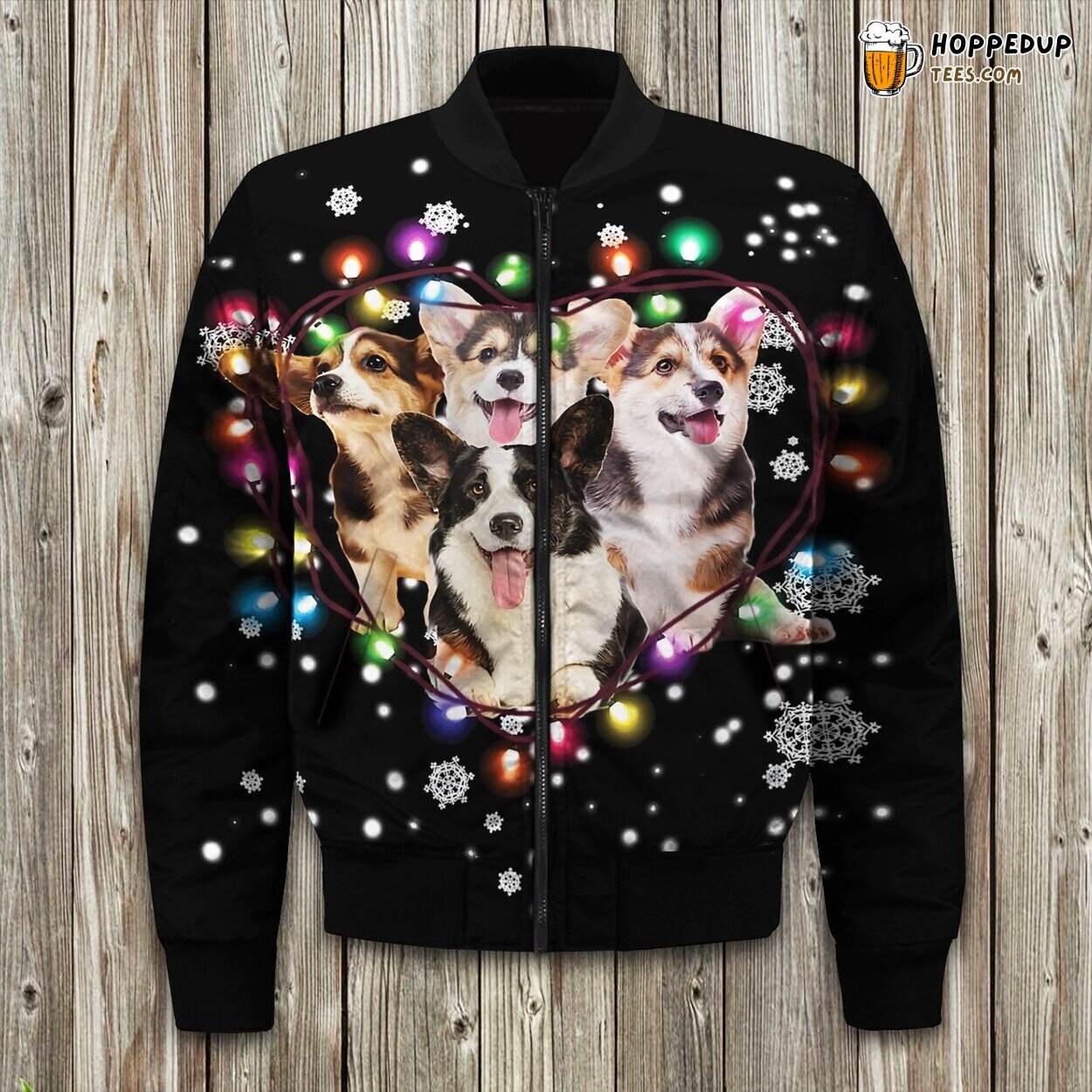 Corgi Heart Christmas Light Bomber Jacket