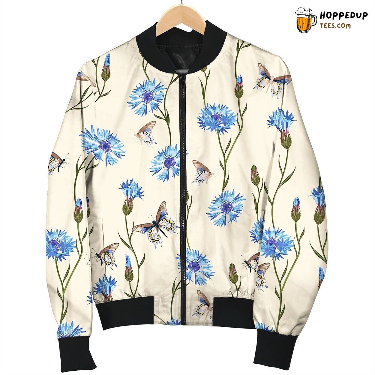 Cornflower And Butterfly Floral Seamless Pattern Bomber Jacket