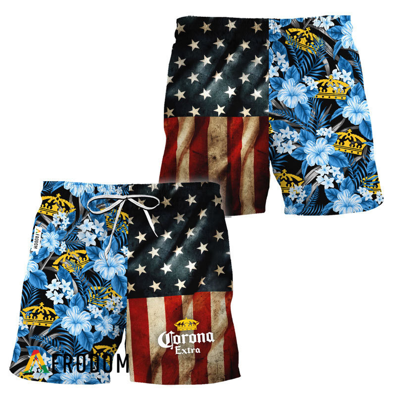 Corona Extra American Flag Tropical Flower Hawaiian Shorts HU