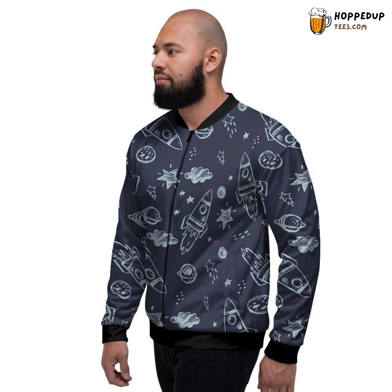 Cosmic Cartoon Galaxy Exploration Men’s Bomber Jacket Space Tribute Display