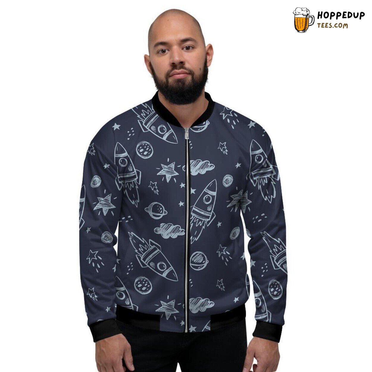 Cosmic Cartoon Galaxy Exploration Men’s Bomber Jacket Space Tribute Display