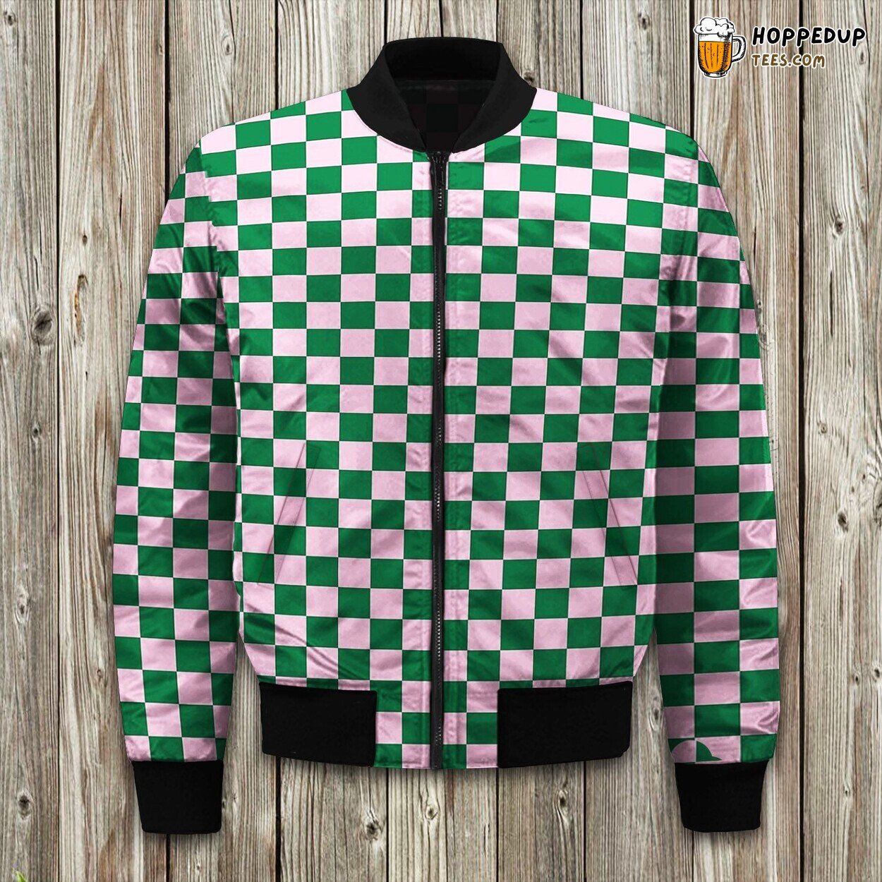 Cotton Candy Pink And Cadmium Green Checkerboard Bomber Jacket