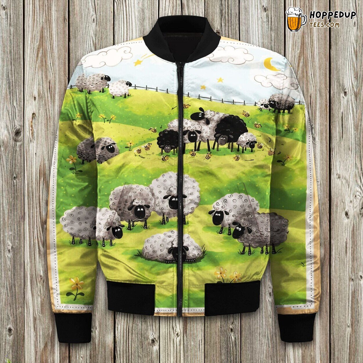 Countryside Sheep Farm Print Winter Bomber Jacket Pastoral Elegance Style