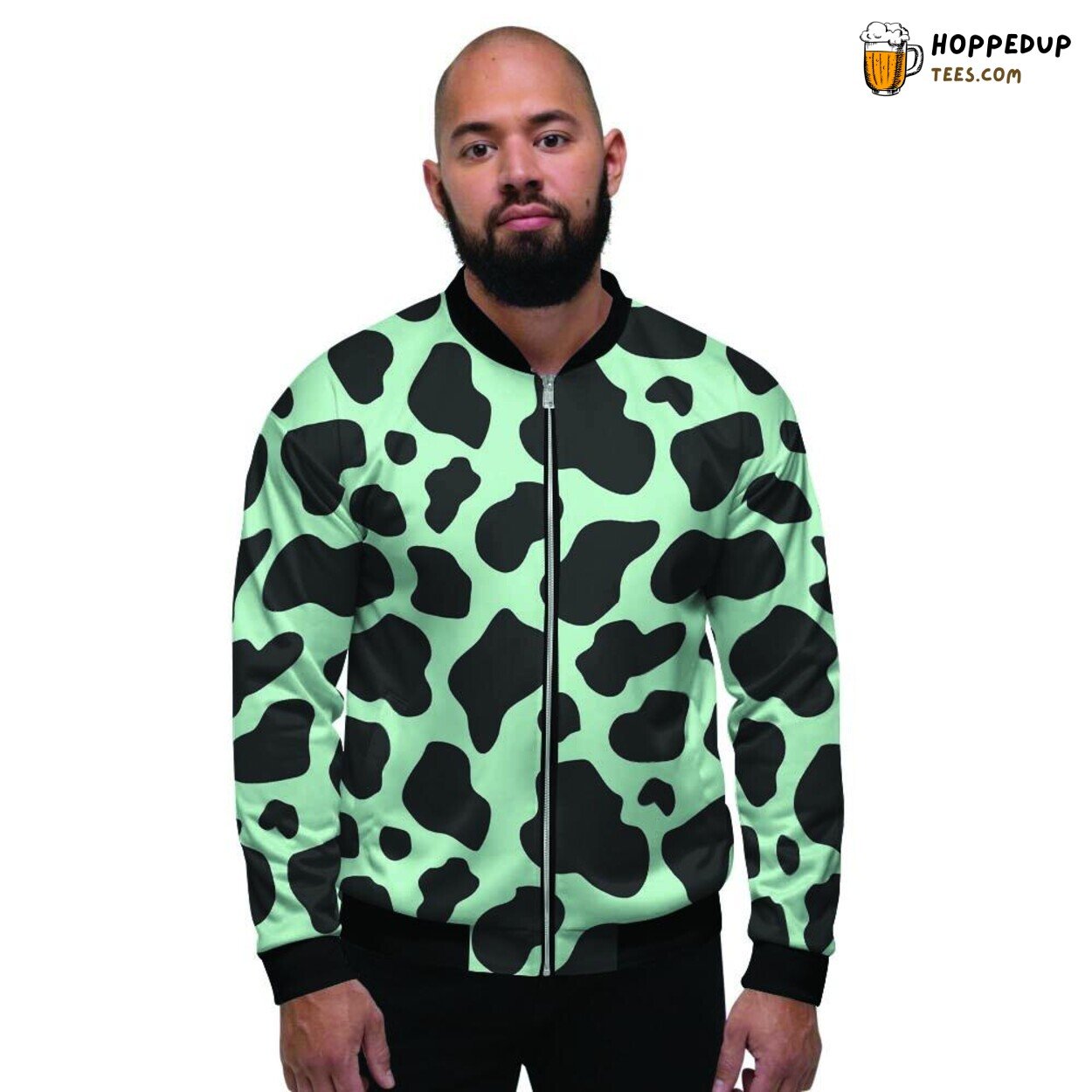 Cow Print Green Black Unique Design Men’s Bomber Jacket Artistic Farm Pattern