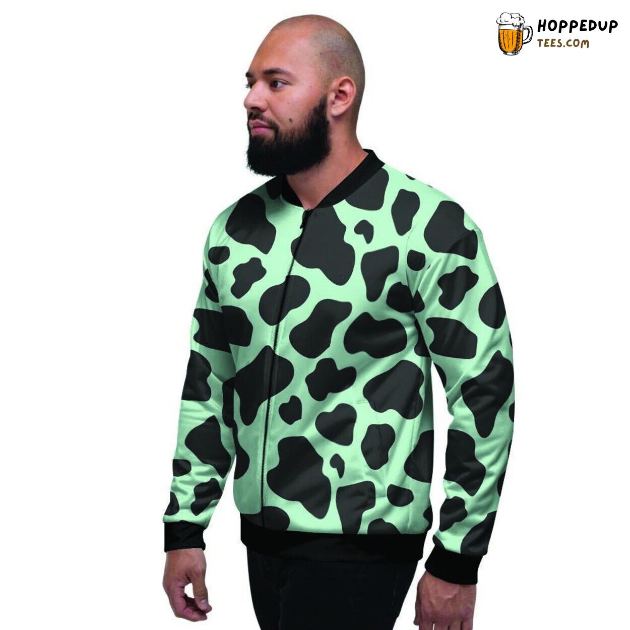 Cow Print Green Black Unique Design Men’s Bomber Jacket Artistic Farm Pattern