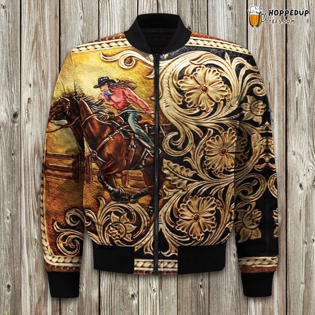 Cowgirl Riding Horse Floral Bomber Jacket