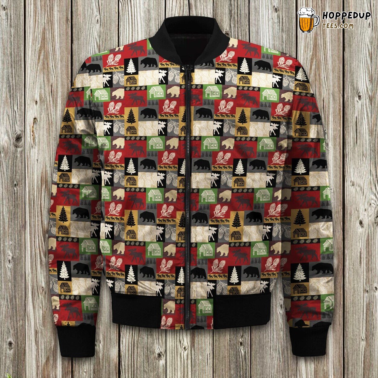 Cozy Lodge Patchwork Print Winter Bomber Jacket Cabin Chic Fashion