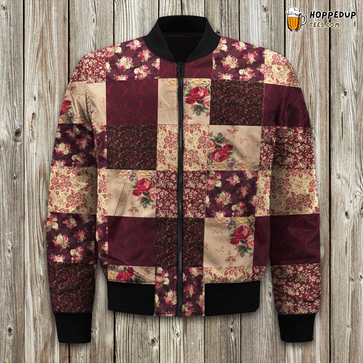 Cranberry Floral Design Winter Bomber Jacket Patchwork Comfort Series Elegance