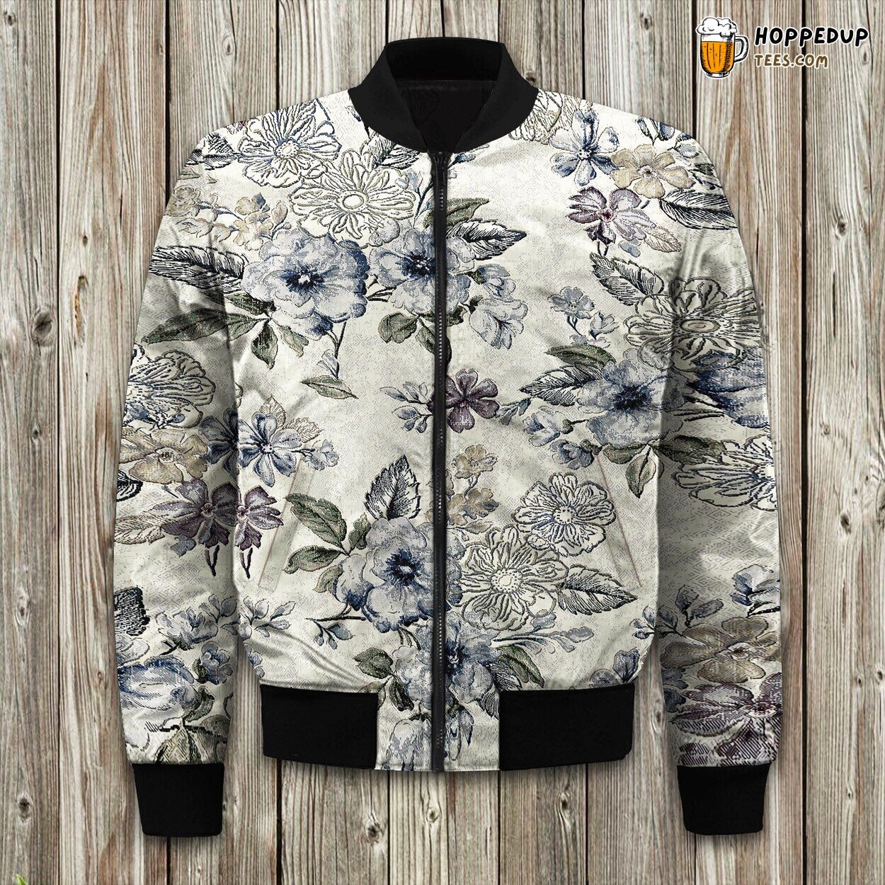Cream Blue Floral Bomber Jacket
