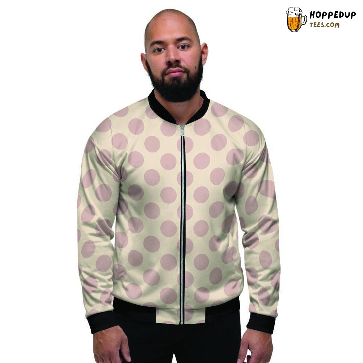 Cream Brown Polka Dot Elegance Men’s Bomber Jacket Vintage Charm Display