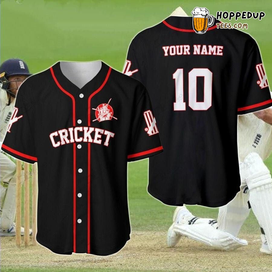 Cricket Themed Black Baseball Jersey Personalized Unique Design Number