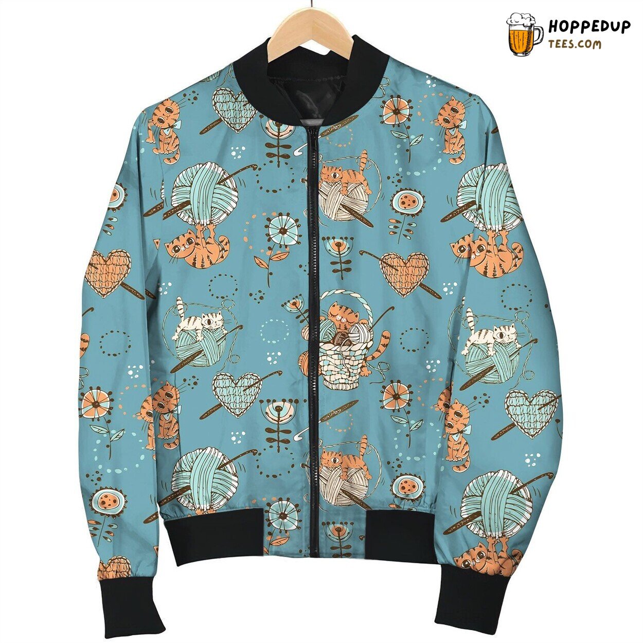 Crochet Blue Yarn Cat Bomber Jacket