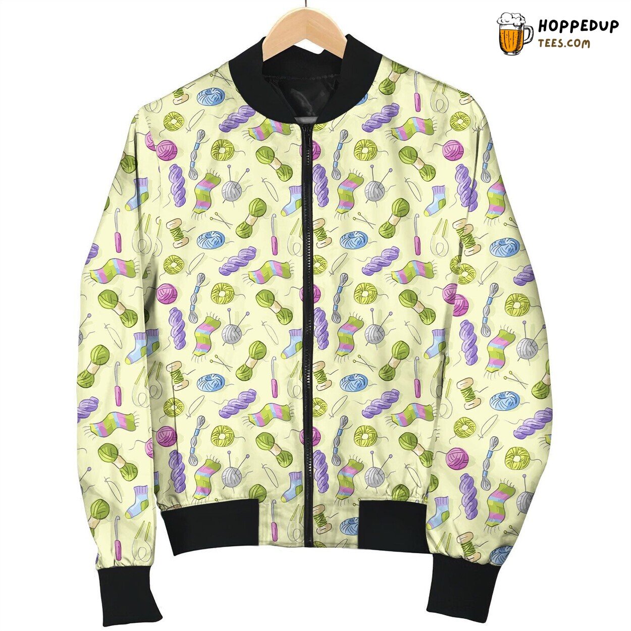 Crochet Purple Yarn Yellow Background Bomber Jacket
