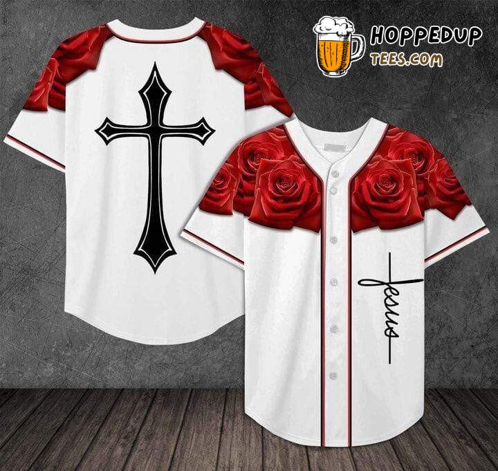 Cross And Rose White Baseball Tee Jersey Shirts 3D