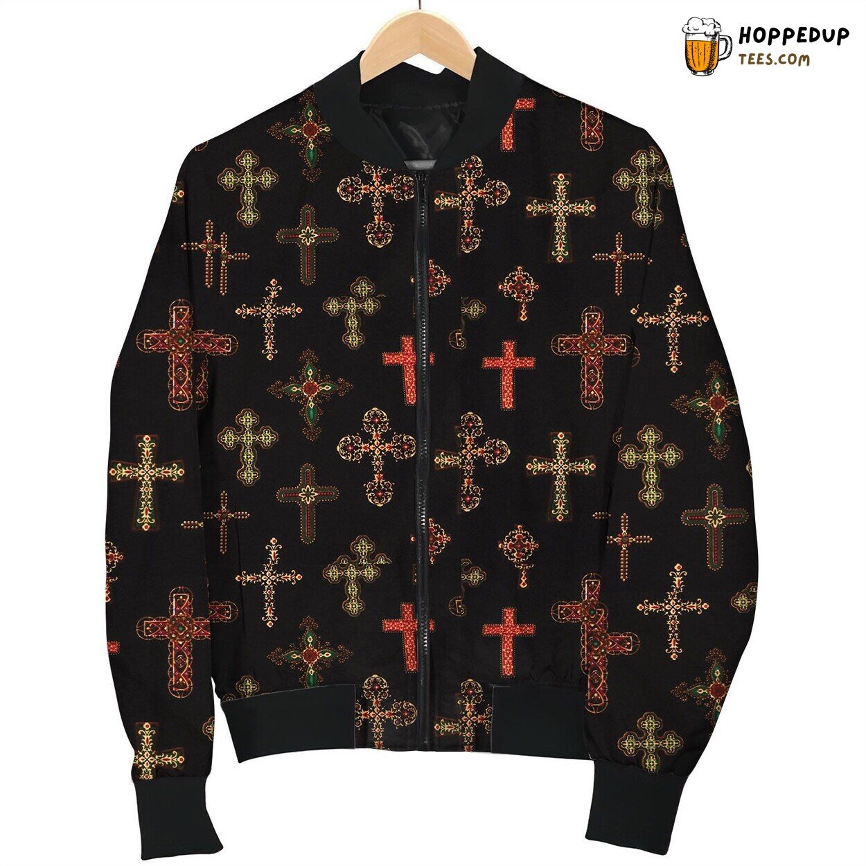 Cross Red Yellow Pattern Bomber Jacket