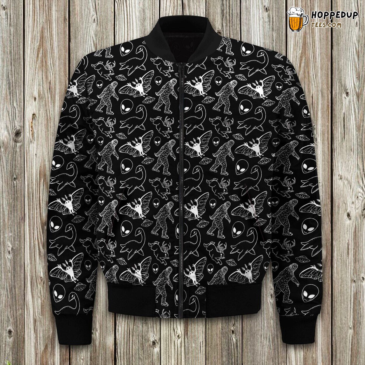Cryptid Pattern White Spaghetti Bomber Jacket