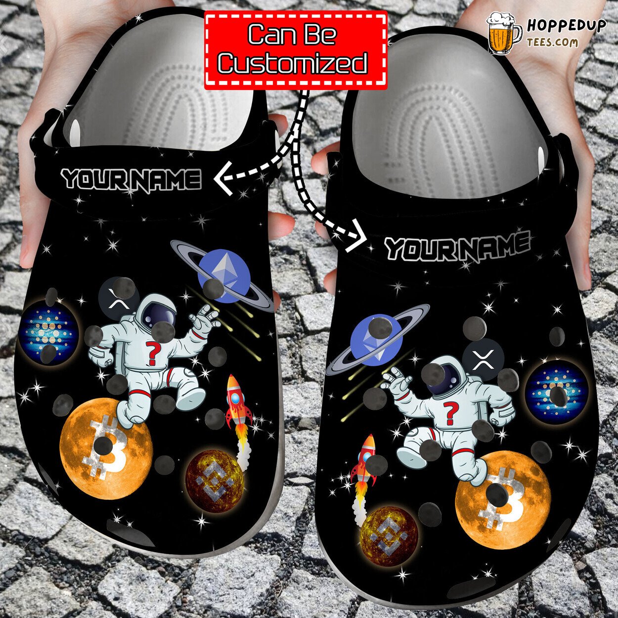 Crypto Personalized Spaceman Jumping Between Coins Clogs
