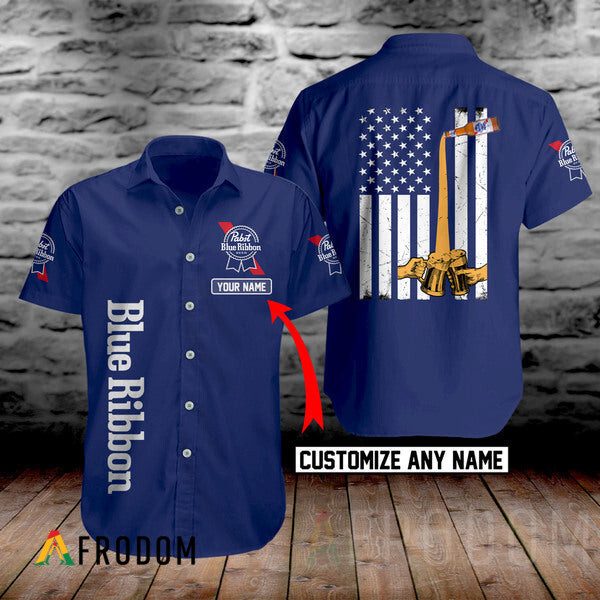 Custom Basic Printed Pabst Blue Ribbon Hawaii Button Shirt HU