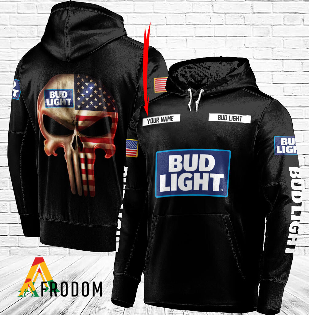 Custom Black USA Flag Skull Bud Light Hoodie HU