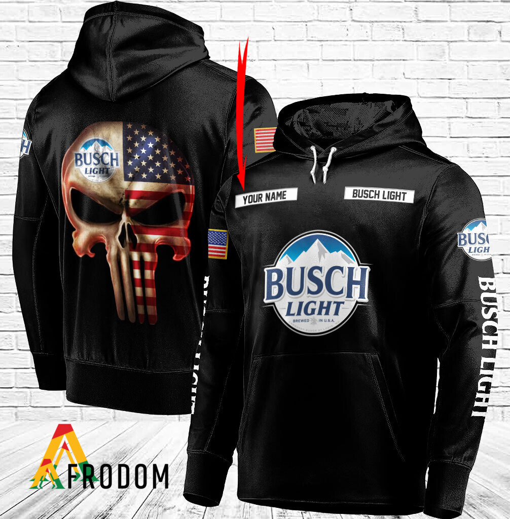 Custom Black USA Flag Skull Busch Light Hoodie HU