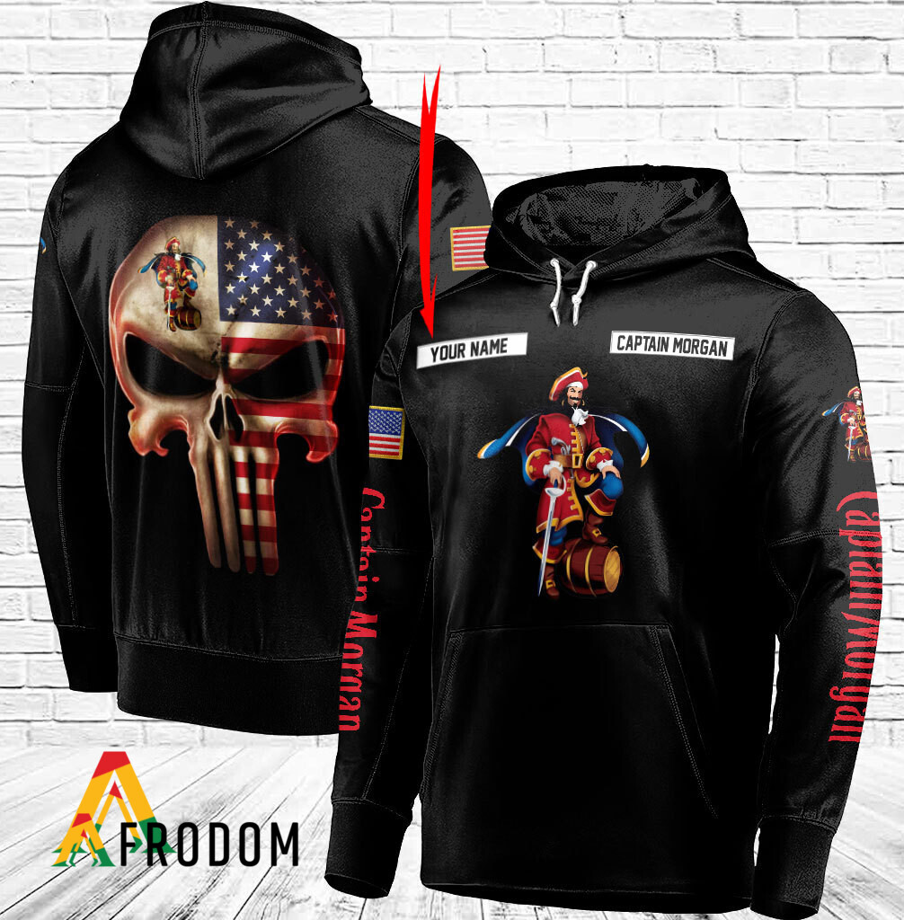 Custom Black USA Flag Skull Captain Morgan Hoodie HU