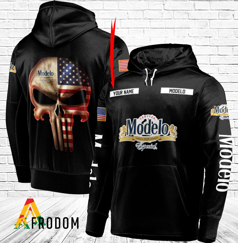 Custom Black USA Flag Skull Cerveza Modelo Hoodie HU