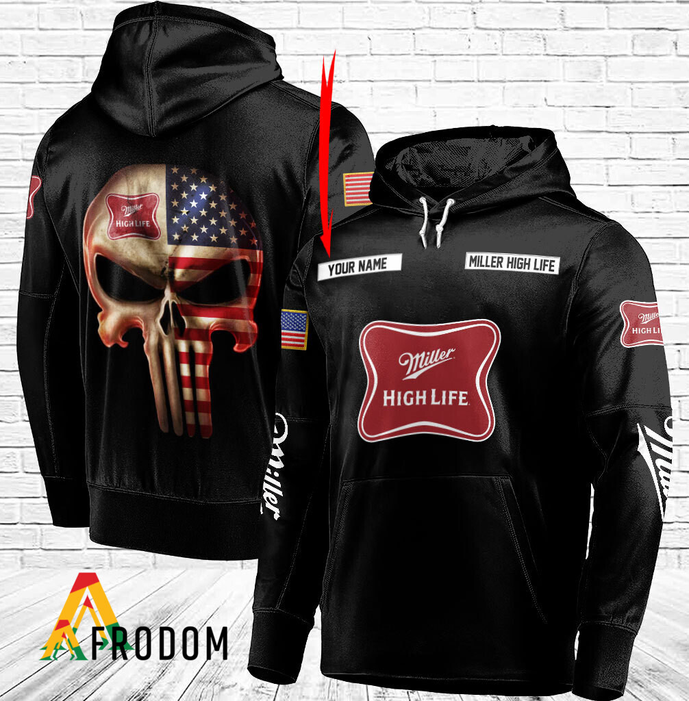 Custom Black USA Flag Skull Miller High Life Hoodie HU