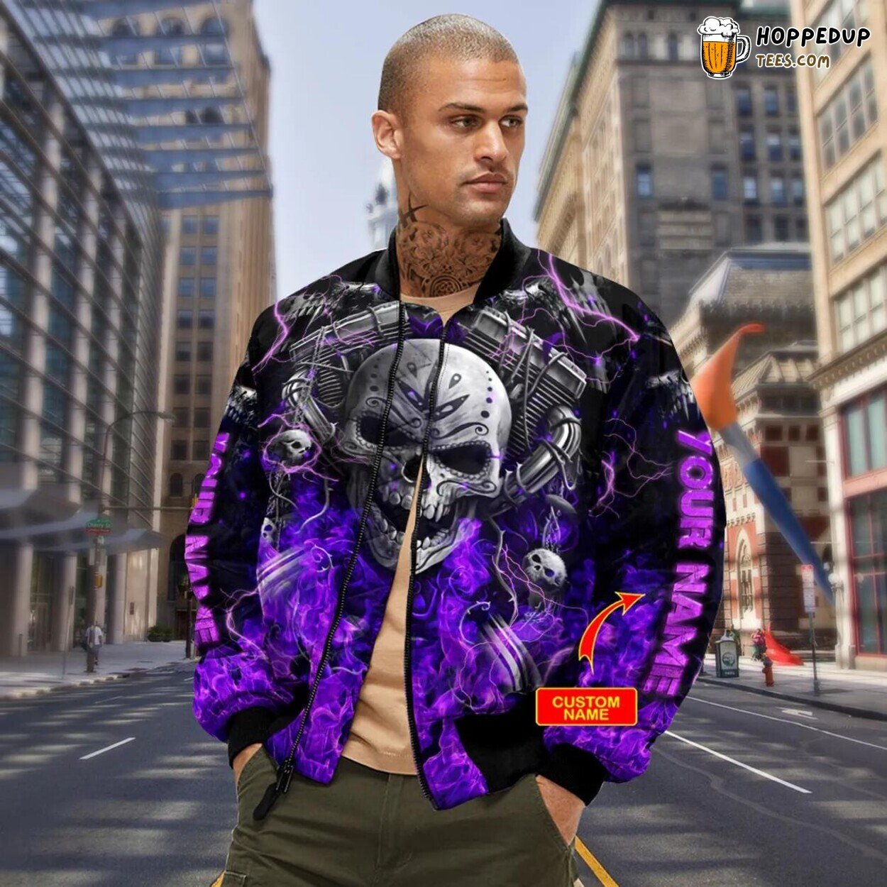 Custom Bomber Jacket Purple Skull Machine 3D Viking Graphic Exclusive Tees