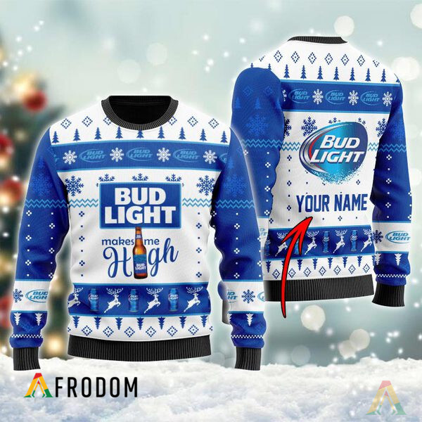 Custom Bud Light Makes Me High Christmas Ugly Sweater HU