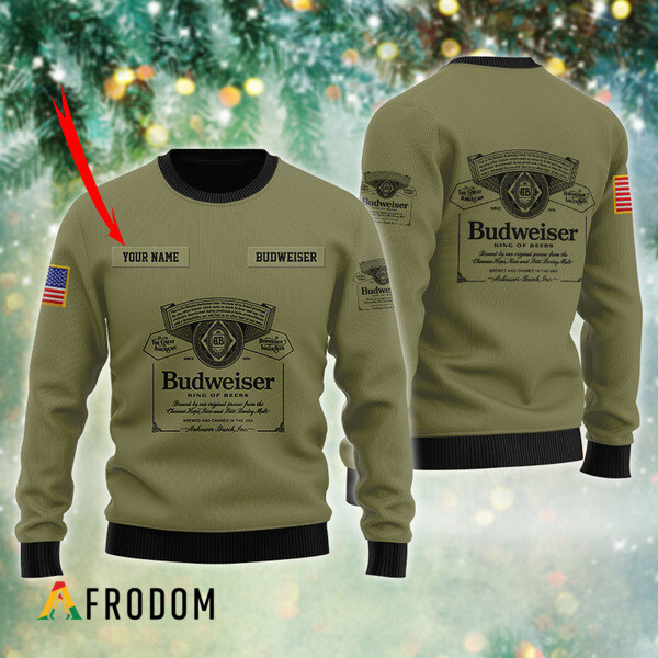 Custom Budweiser Flag Military Green Ugly Christmas Sweater HU