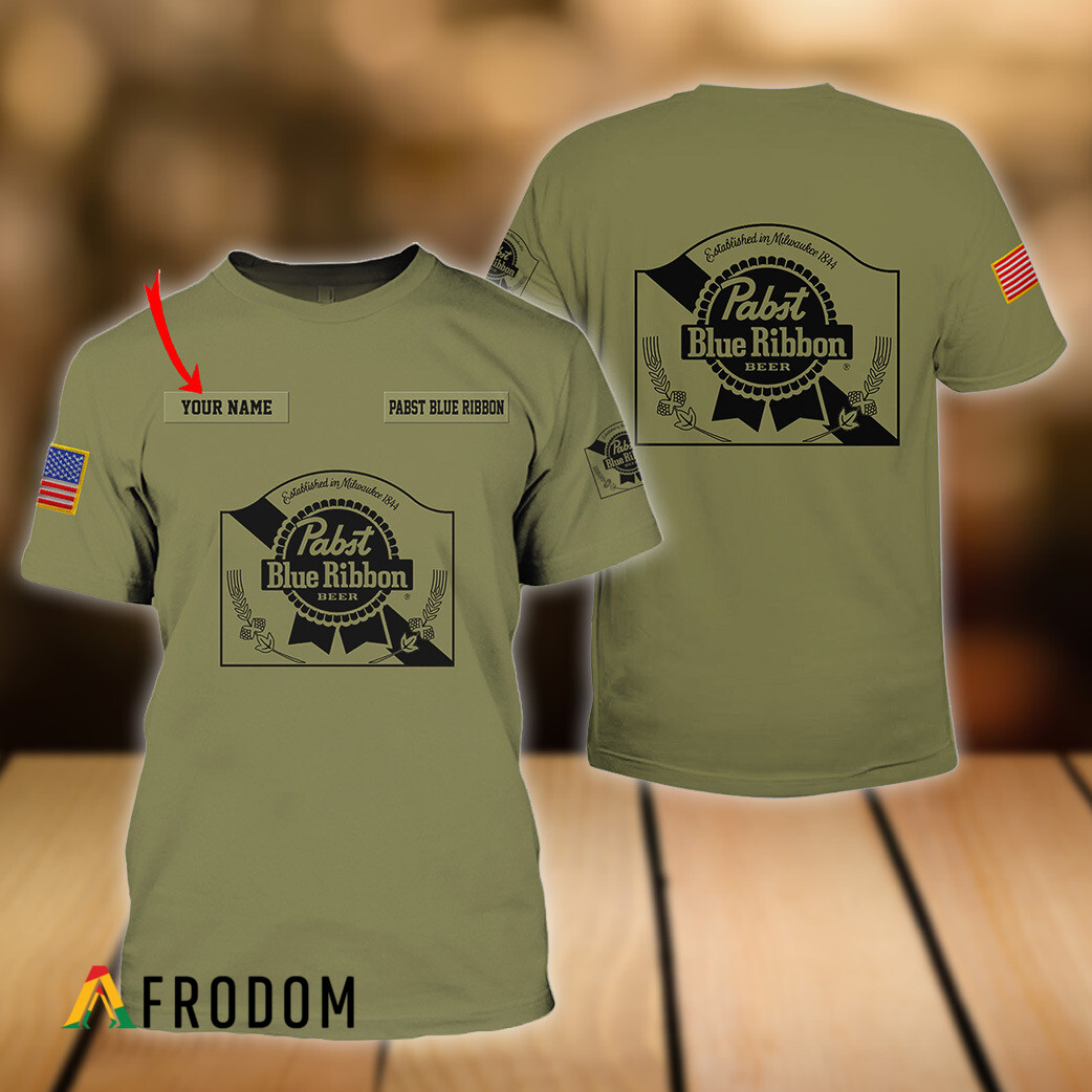 Custom Military Green Pabst Blue Ribbon Beer T-Shirt HU Custom Military Green Pabst Blue Ribbon Beer T-Shirt HU