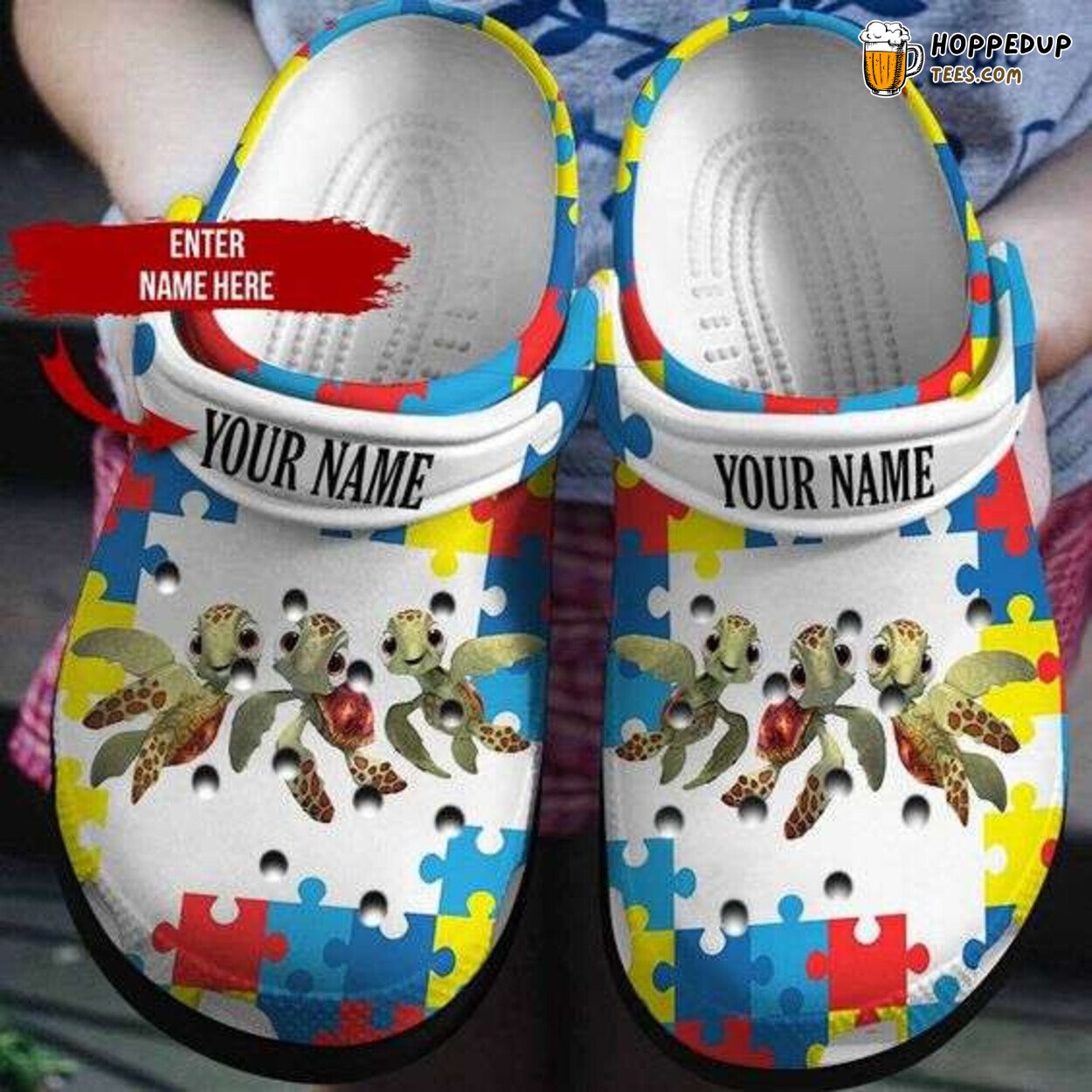 Custom Name Autism Awareness Day Turtles Puzzle Pieces Clogs Shoes