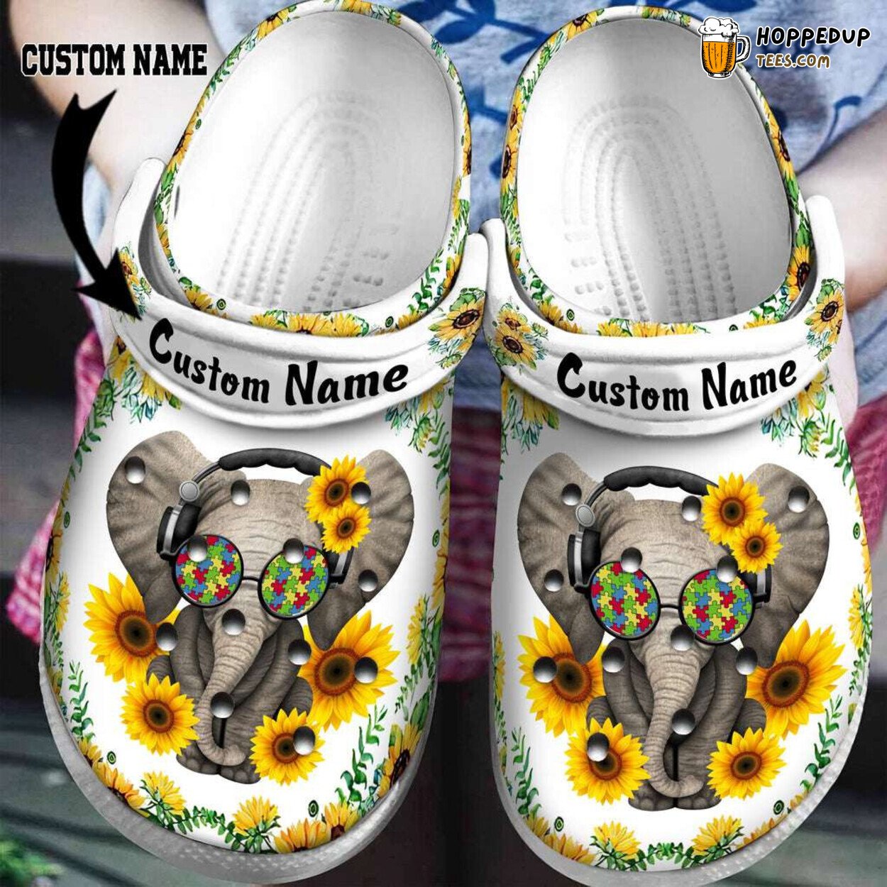 Custom Name Autism Awareness Sunflower Elephant Puzzle Clogs