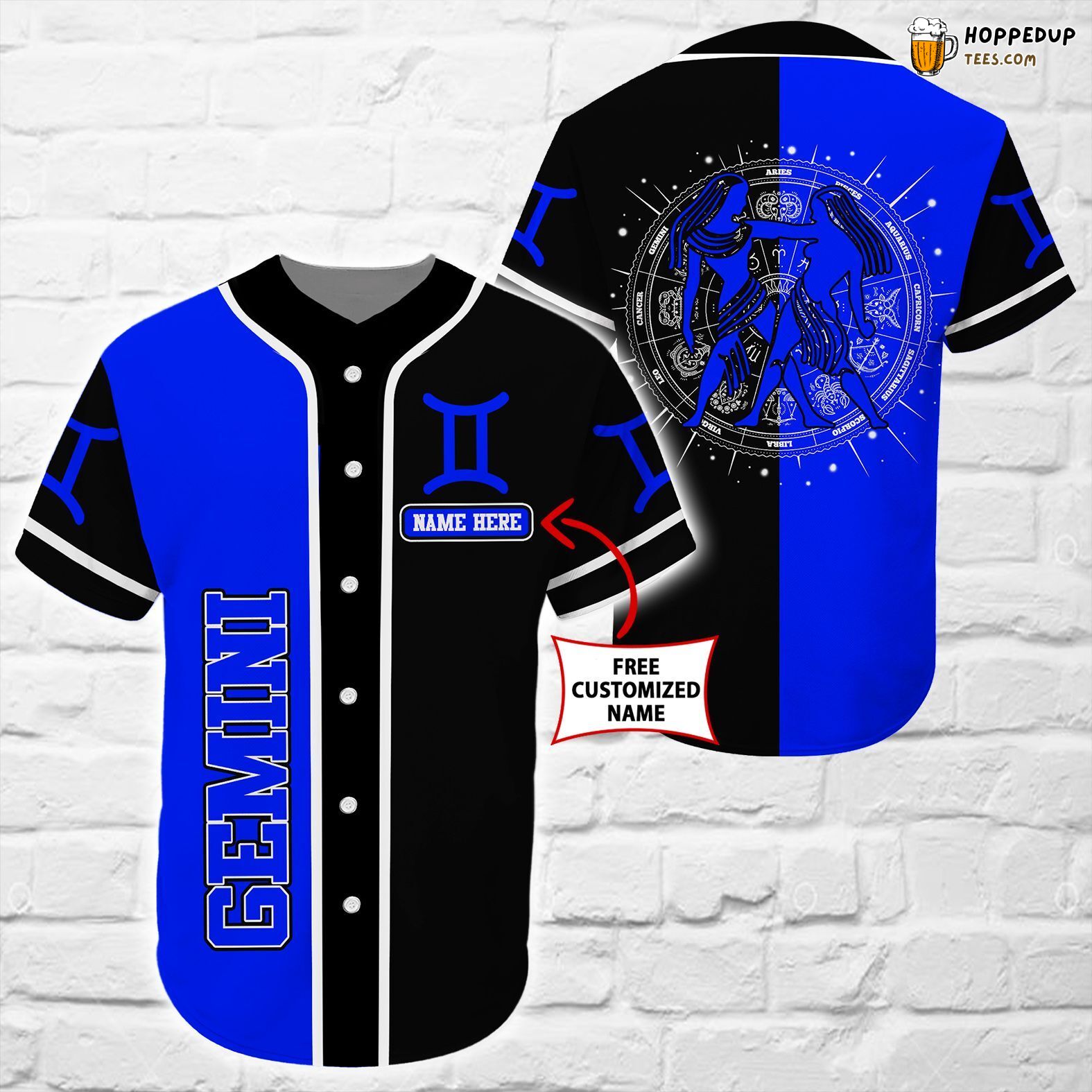Custom Name Gemini Blue Astral Design Showcased Baseball Jersey Tee