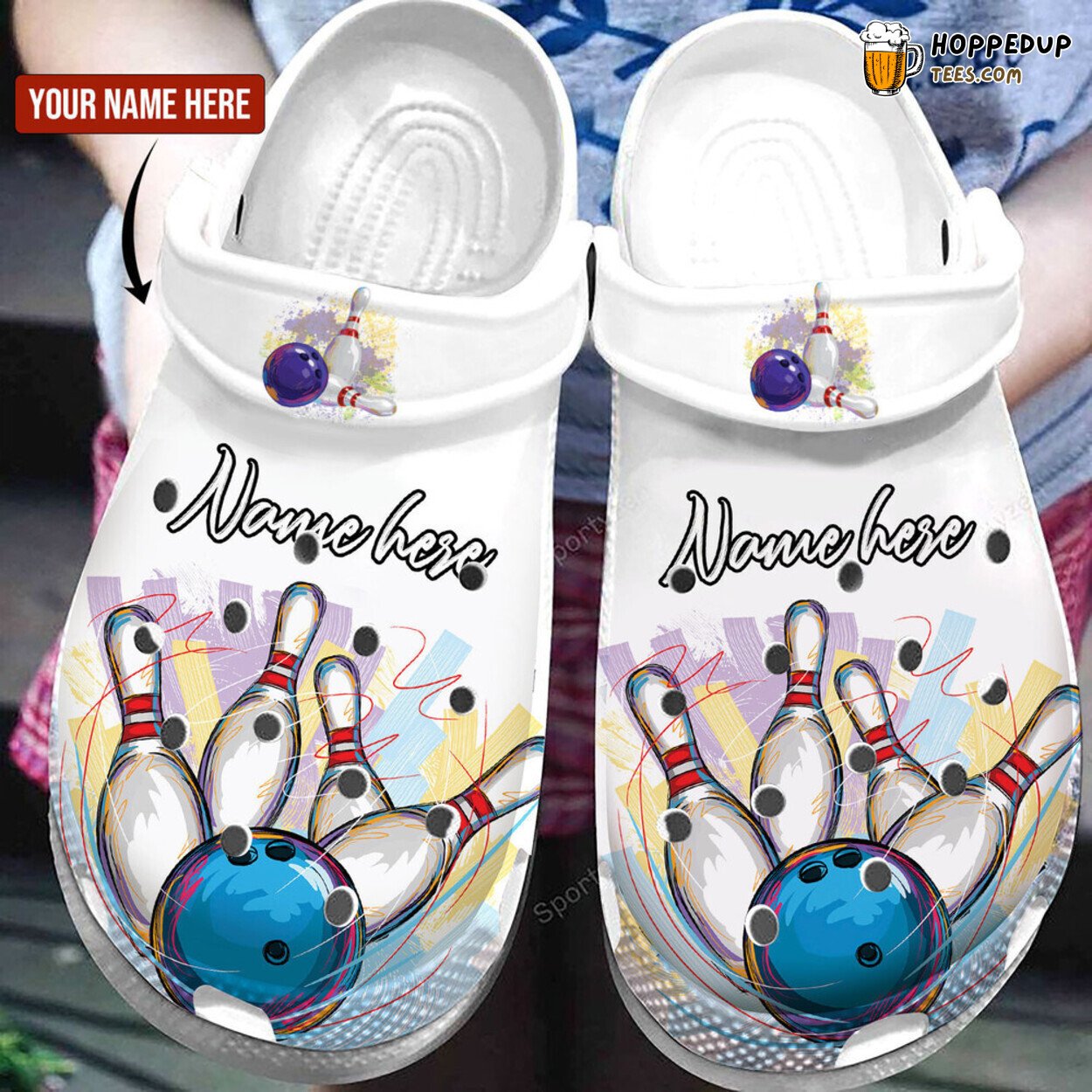 Custom Name White Bowling Strike Themed Comfortable Clog Shoes