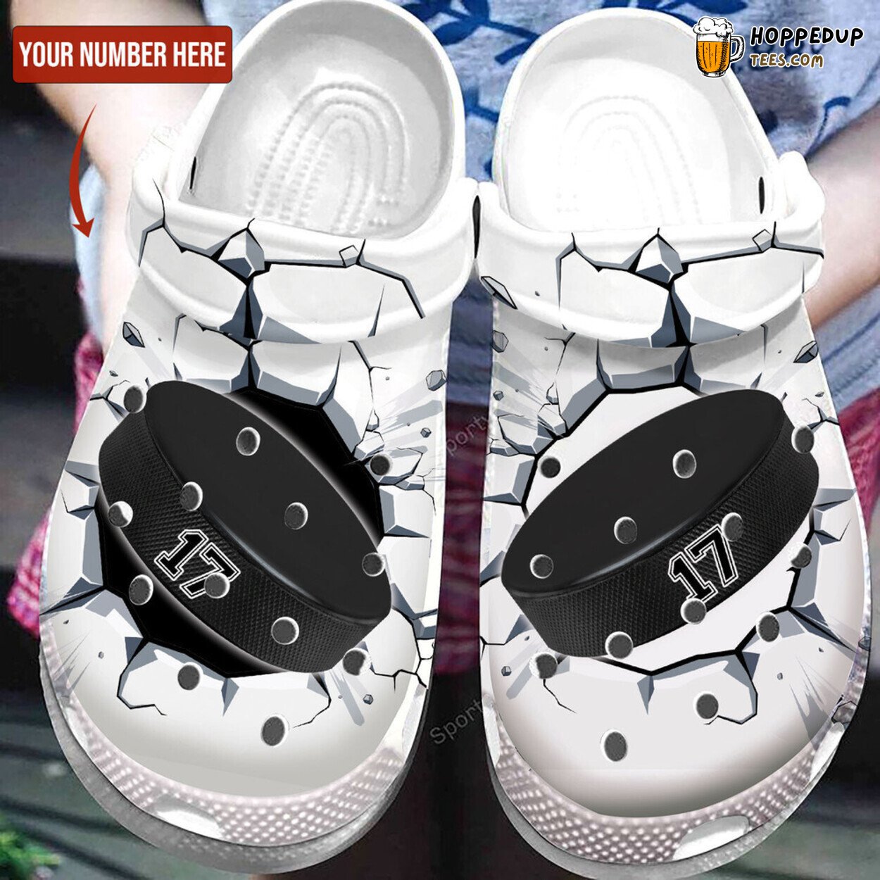 Custom Number Black and White Ice Hockey Puck Goal Breaker Clogs Shoes Design
