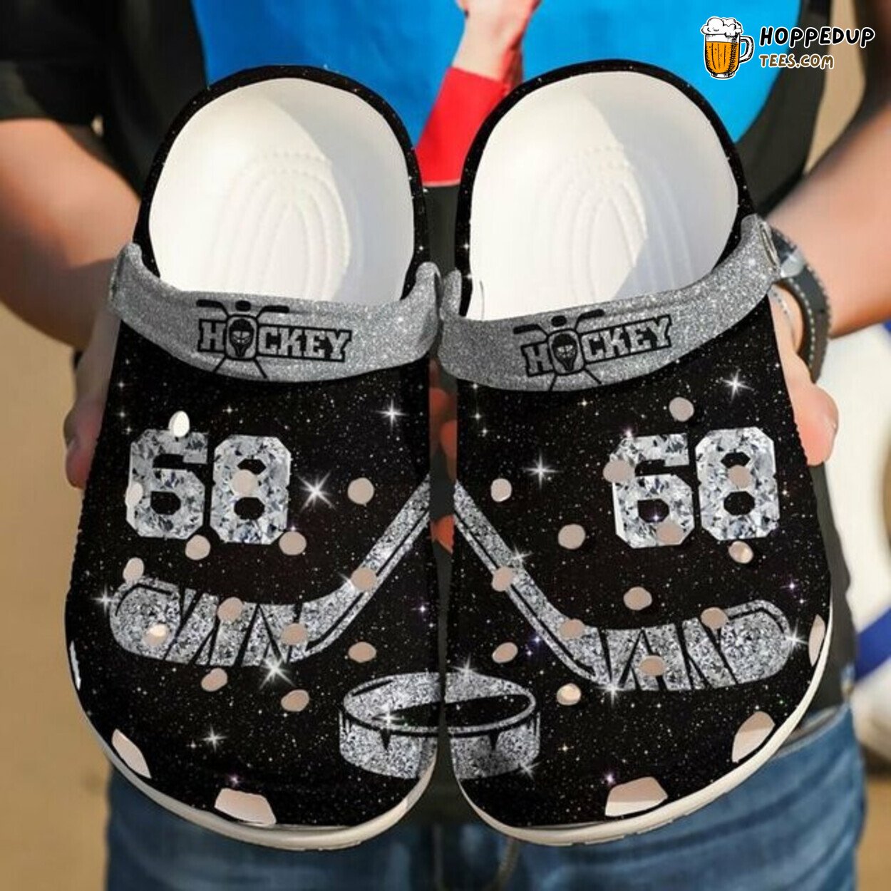 Custom Number Glowing Black Ice Hockey Theme Clogs Shoes Unique Sports