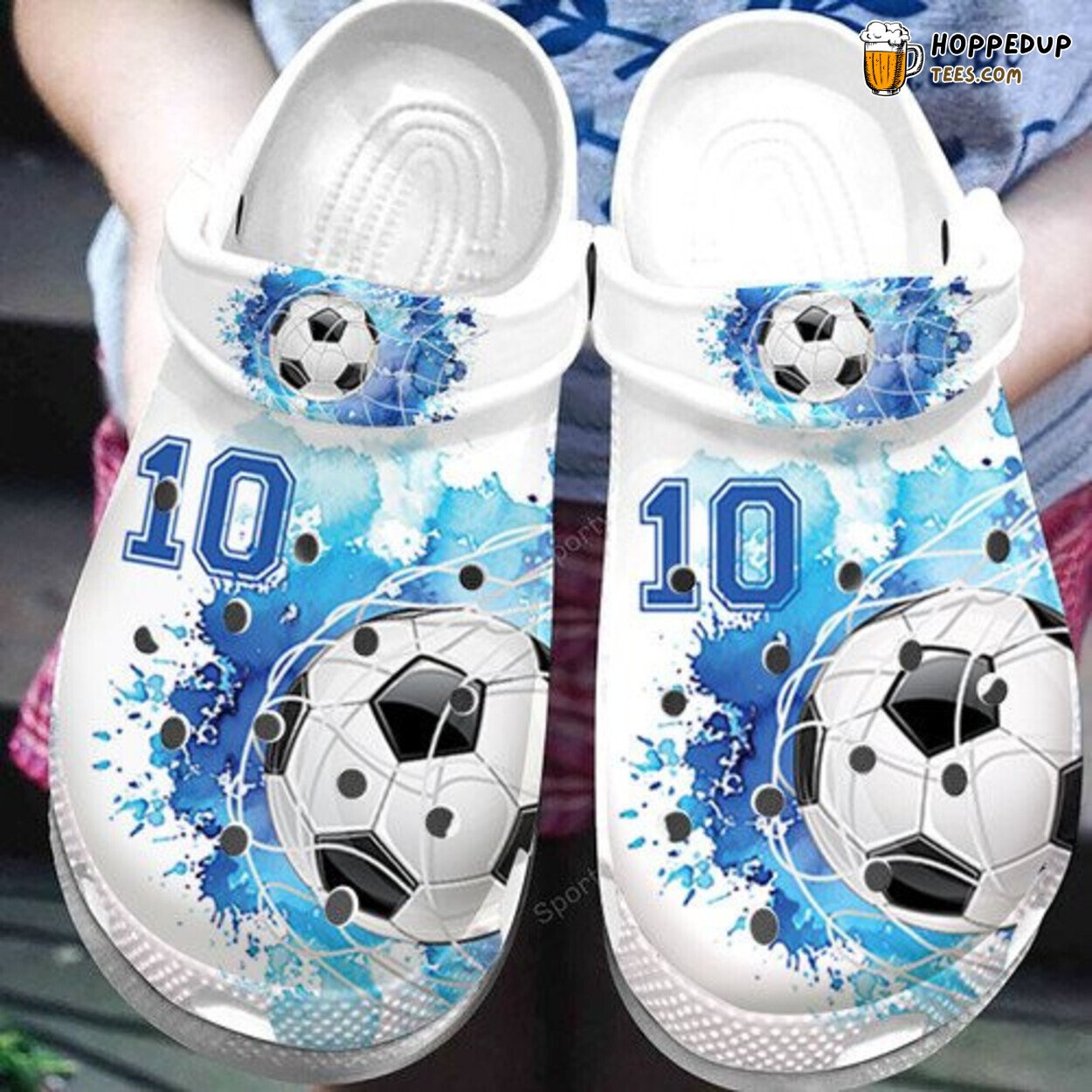 Custom Number Soccer Goal Blue White Watercolor Comfort Clogs
